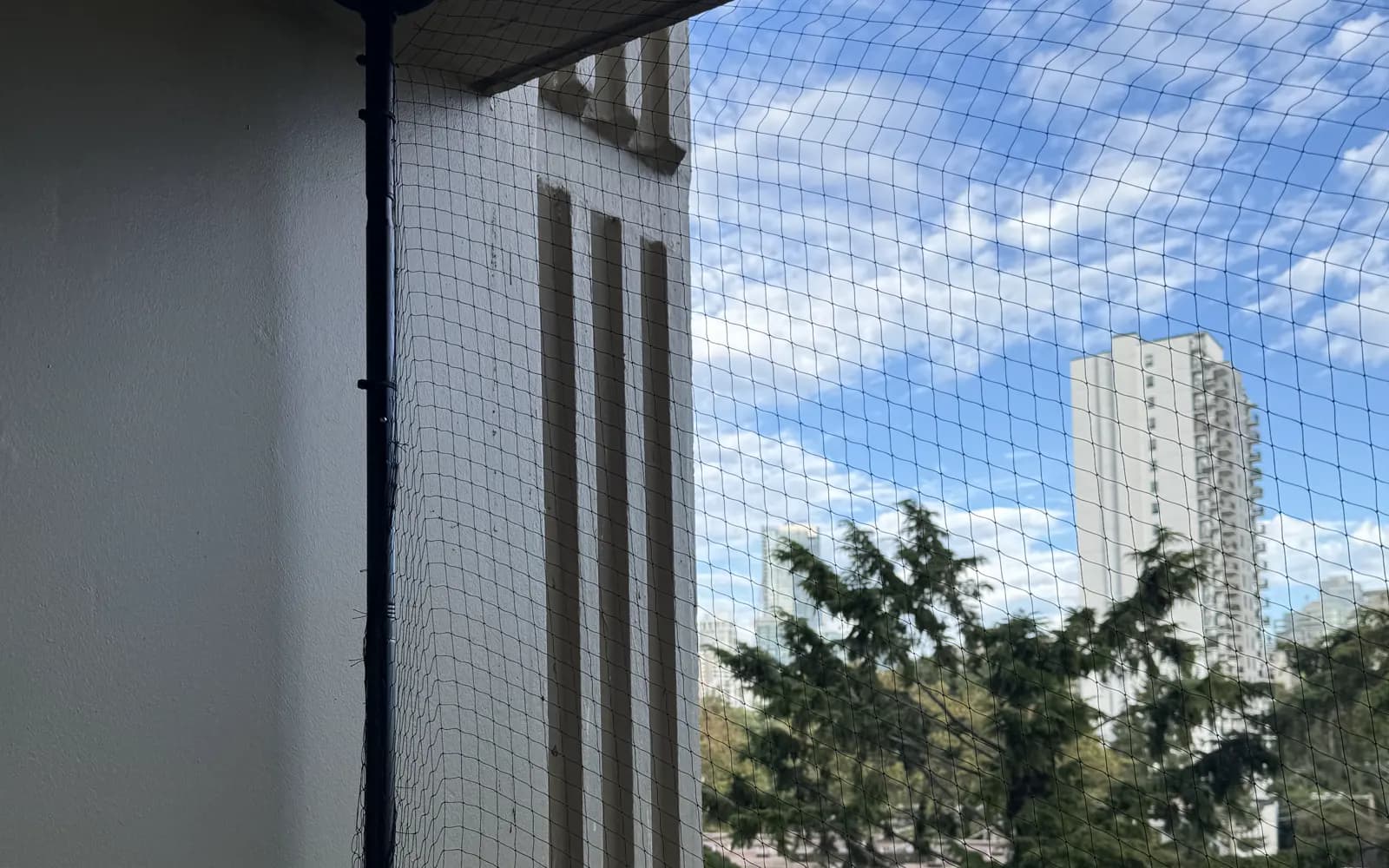 Completed black bird netting installation on a Lower Mainland balcony